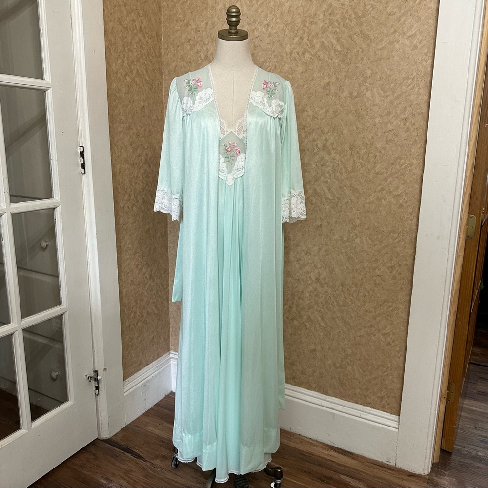 VTG 70s 80s Blue Lace Floral Satin Blue Dreamy Maxi Slip Dress & Robe Set